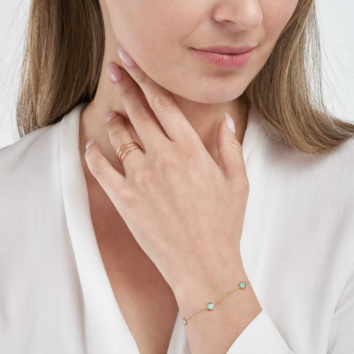 14K Yellow Gold Turquoise Round Evil Eye Station Bracelet (Solid Links) 6.5" - 7" Adjustable - WJD Exclusives