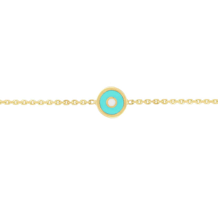 14K Yellow Gold Turquoise Round Evil Eye Station Bracelet (Solid Links) 6.5" - 7" Adjustable - WJD Exclusives
