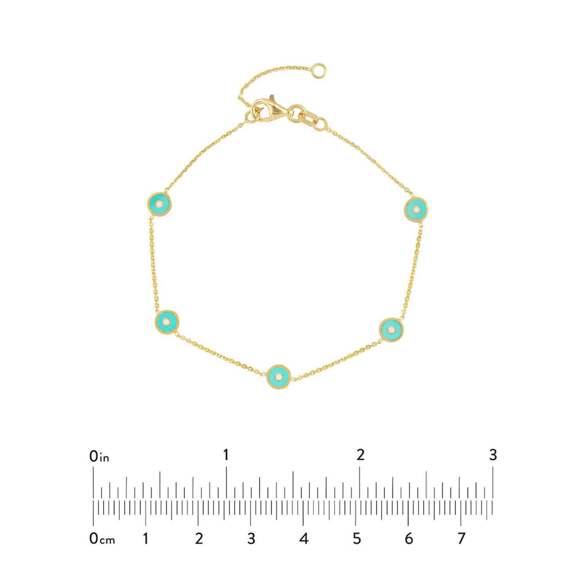 14K Yellow Gold Turquoise Round Evil Eye Station Bracelet (Solid Links) 6.5" - 7" Adjustable - WJD Exclusives
