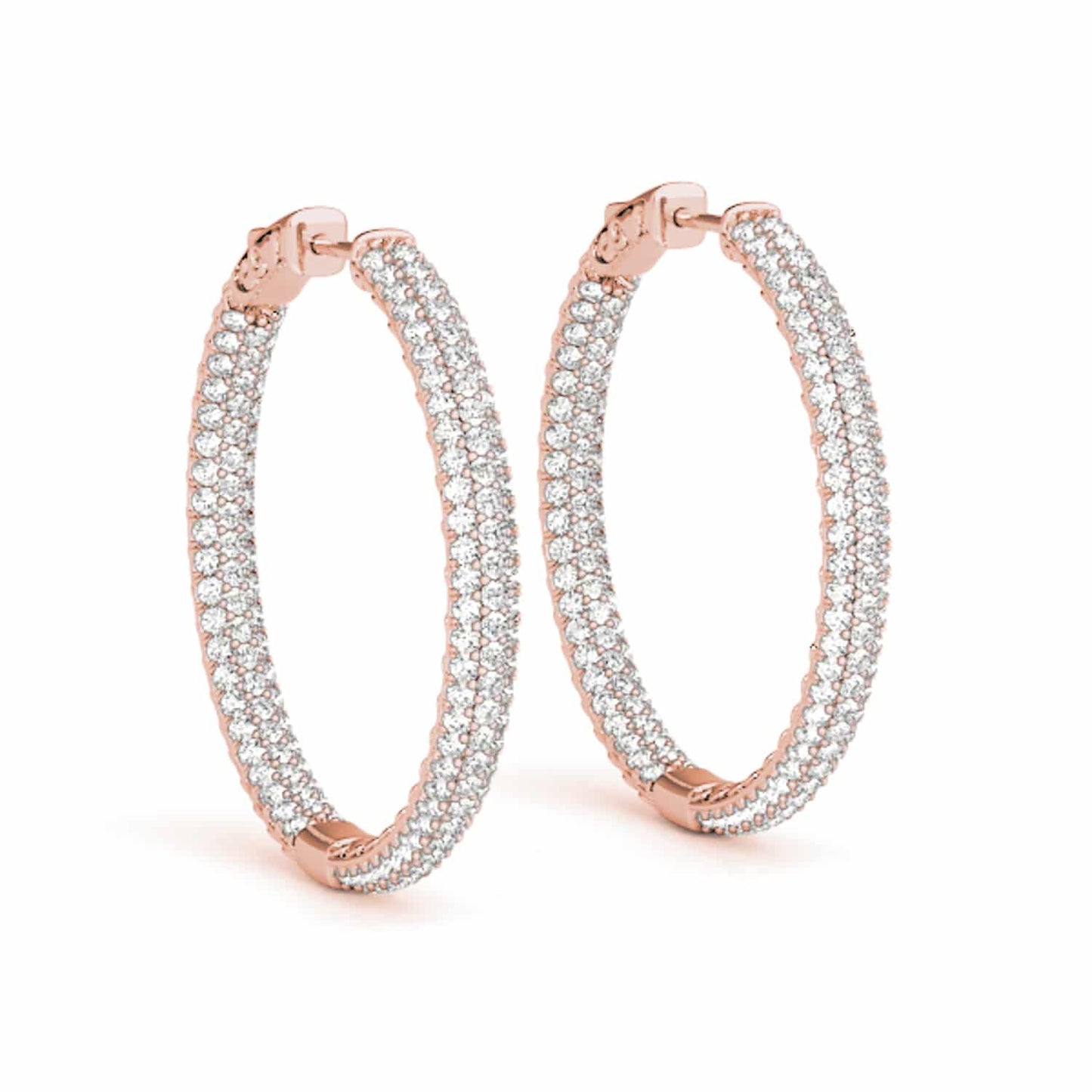 1CTW Real Diamond 14K Gold 3-Row Pave Inside Out Huggie Hoop Earrings 16mm