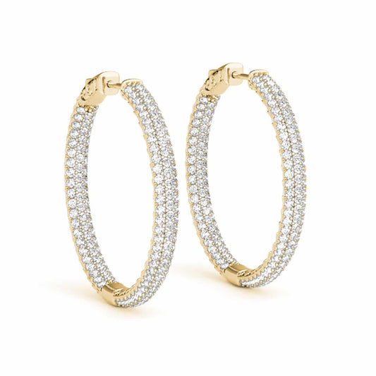 1CTW Real Diamond 14K Gold 3-Row Pave Inside Out Huggie Hoop Earrings 16mm