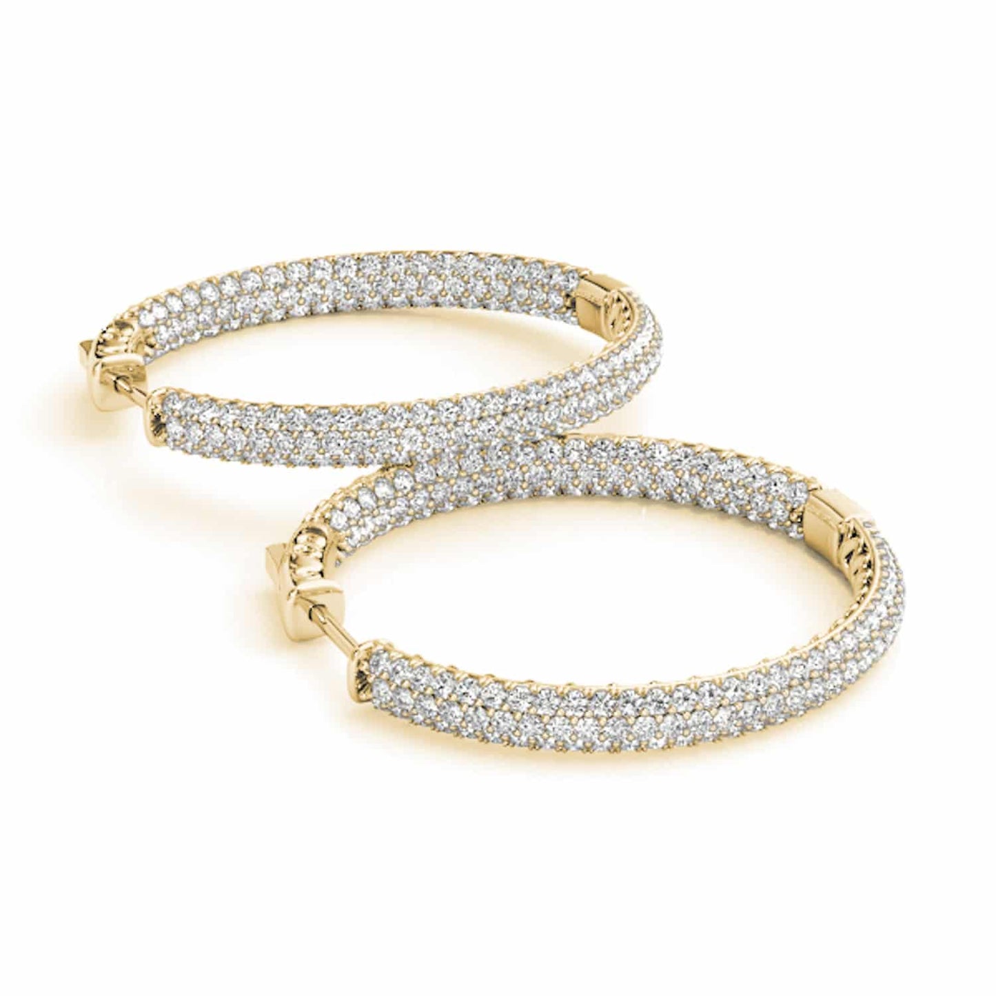 1CTW Real Diamond 14K Gold 3-Row Pave Inside Out Huggie Hoop Earrings 16mm