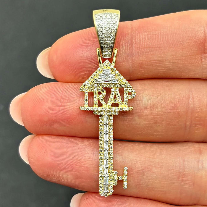 0.75CTW Natural Diamond 10K Yellow Gold Trap Key Pendant 1.9" - WJD Exclusives