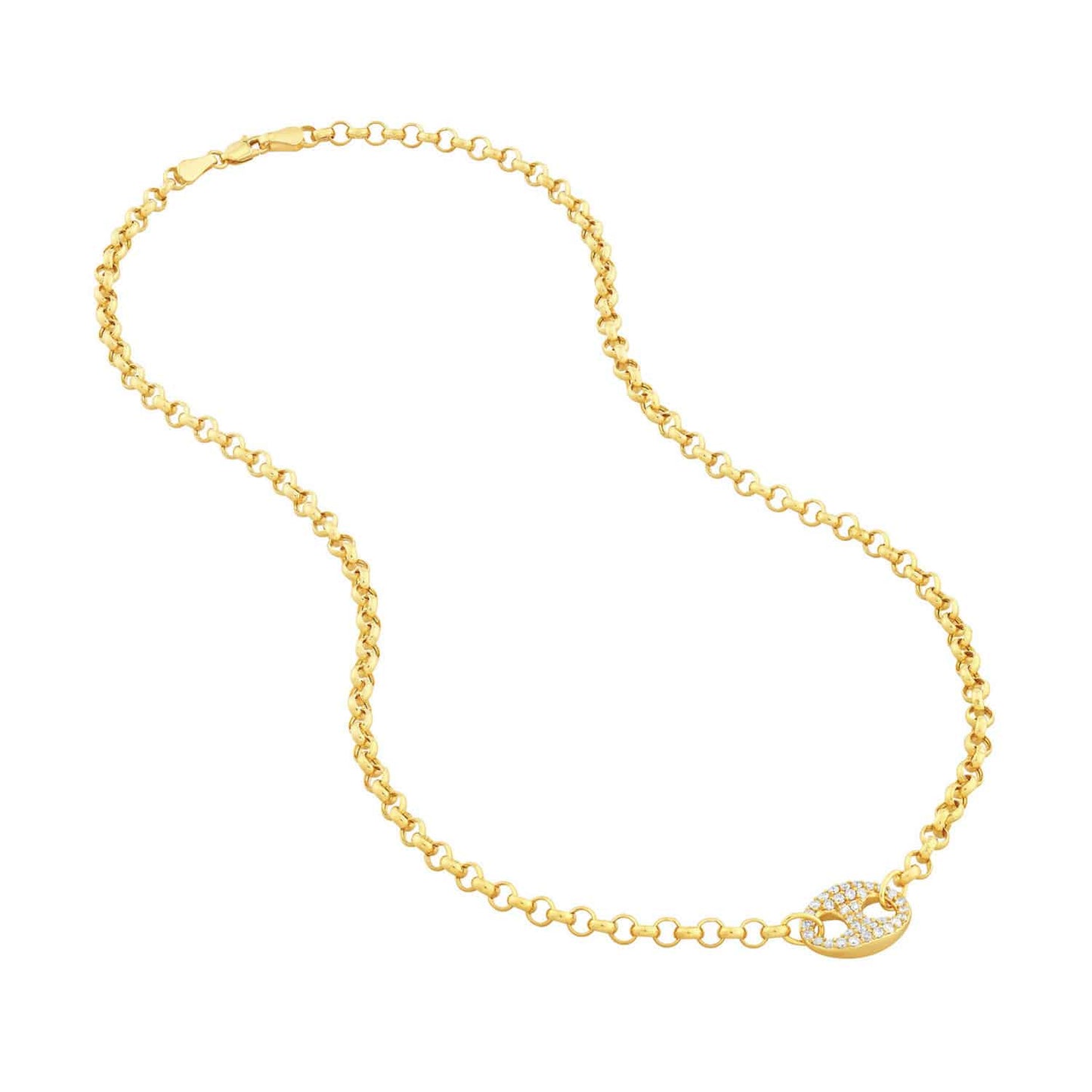 0.52CTW Real Diamond 14K Gold Anchor Pendant Puffed Rolo Necklace 18"