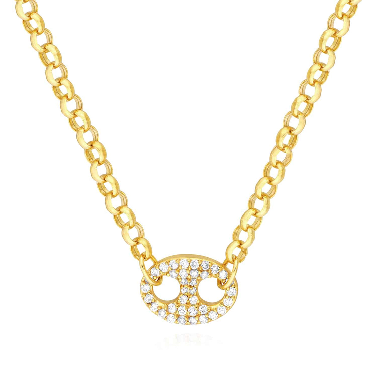0.52CTW Natural Diamond 14K Yellow Gold Anchor Puffed Rolo Necklace (Hollow) 18" - WJD Exclusives