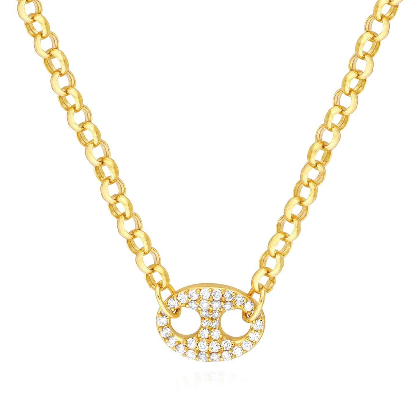 0.52CTW Real Diamond 14K Gold Anchor Pendant Puffed Rolo Necklace 18"