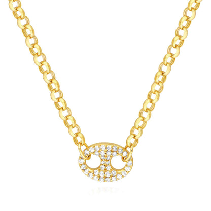 0.52CTW Real Diamond 14K Gold Anchor Pendant Puffed Rolo Necklace 18"
