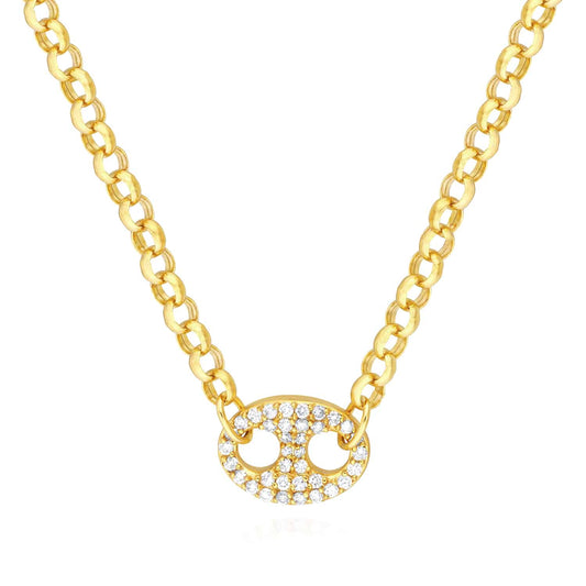 0.52CTW Real Diamond 14K Gold Anchor Pendant Puffed Rolo Necklace 18"