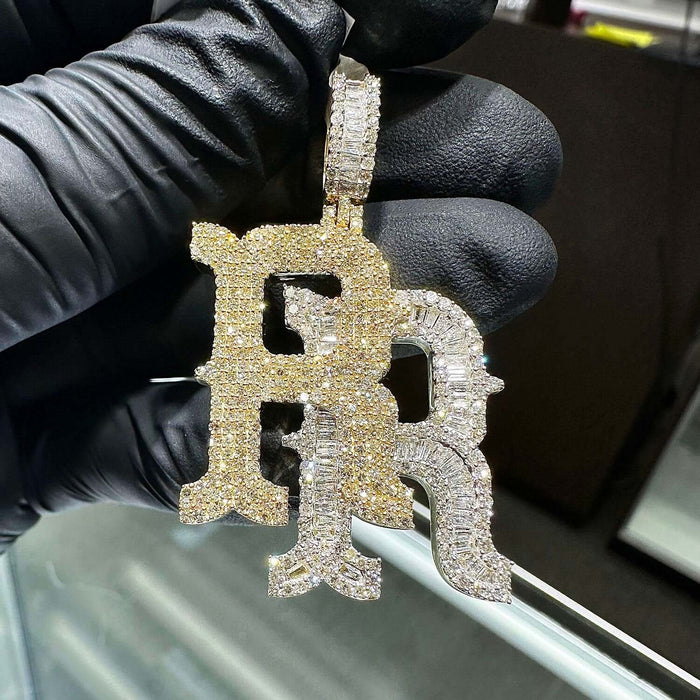 3CTW Natural Diamond Round Baguette 10K Yellow White Gold "RR" Pendant 1.8" - WJD Exclusives