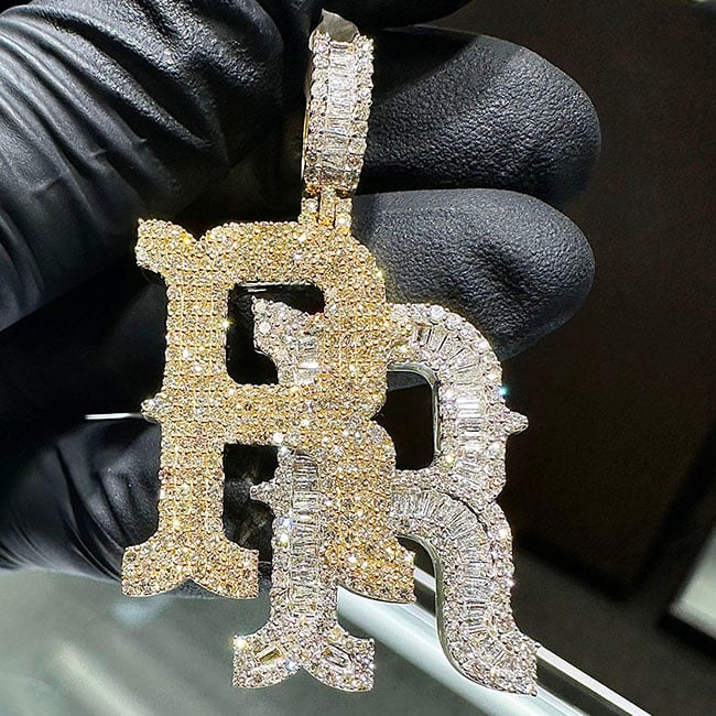 3CTW Real Diamond Round Baguette 10K Yellow White Gold "RR" Pendant 1.8"