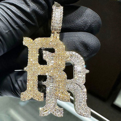 3CTW Real Diamond Round Baguette 10K Yellow White Gold "RR" Pendant 1.8"