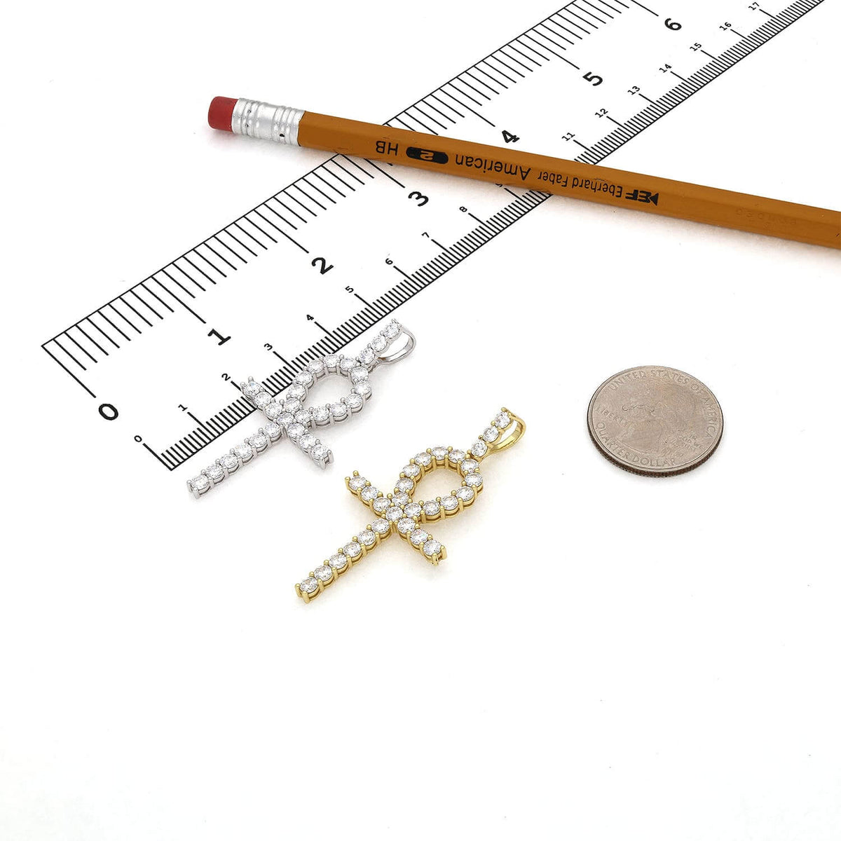 18K Gold Yellow White Over Silver CZ Ankh Cross Pendant 2" - WJD Exclusives