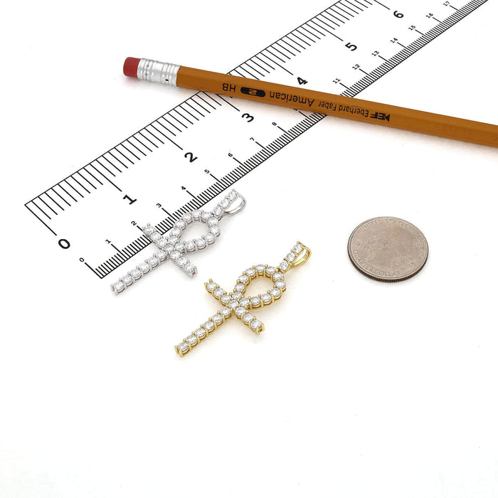 18K Gold Yellow White Over Silver CZ Ankh Cross Pendant 2" - WJD Exclusives