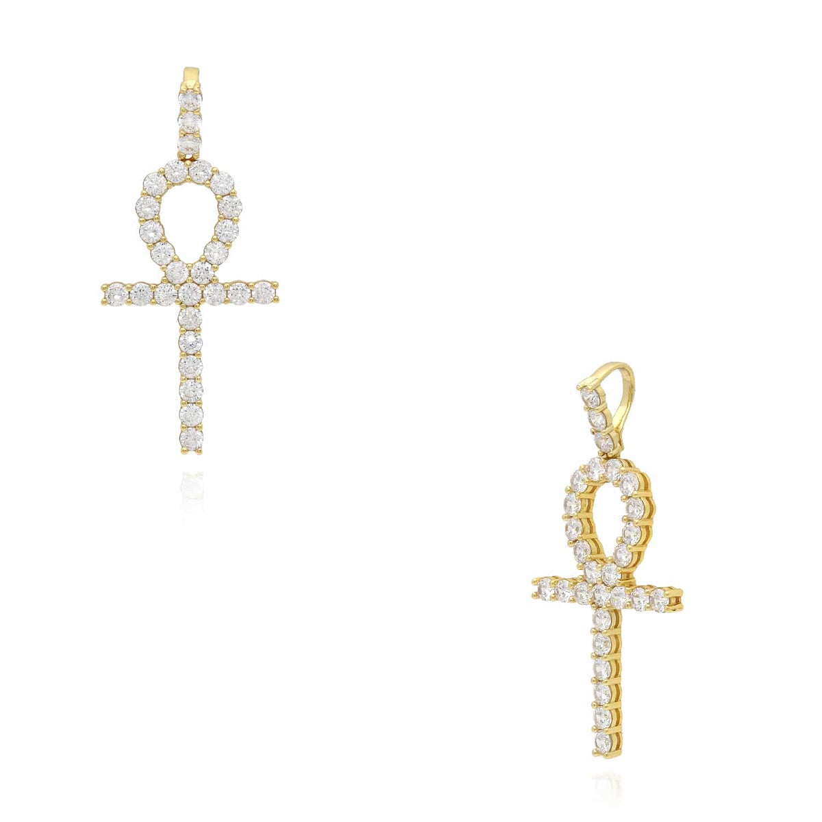 18K Gold Yellow White Over Silver CZ Ankh Cross Pendant 2" - WJD Exclusives