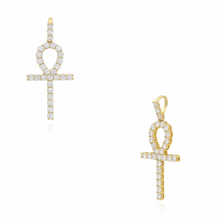 18K Gold Yellow White Over Silver CZ Ankh Cross Pendant 2" - WJD Exclusives