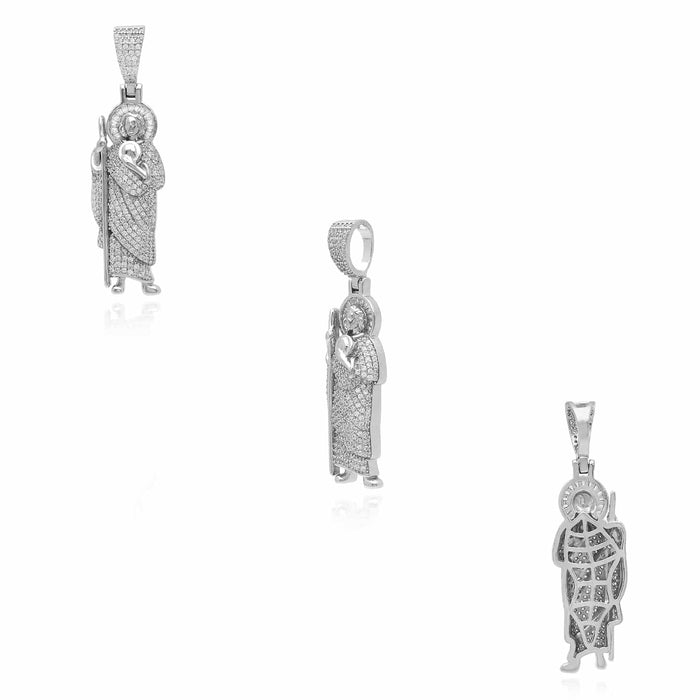 18K White Gold Over Silver CZ Pave Religious St. Jude Pendant - WJD Exclusives