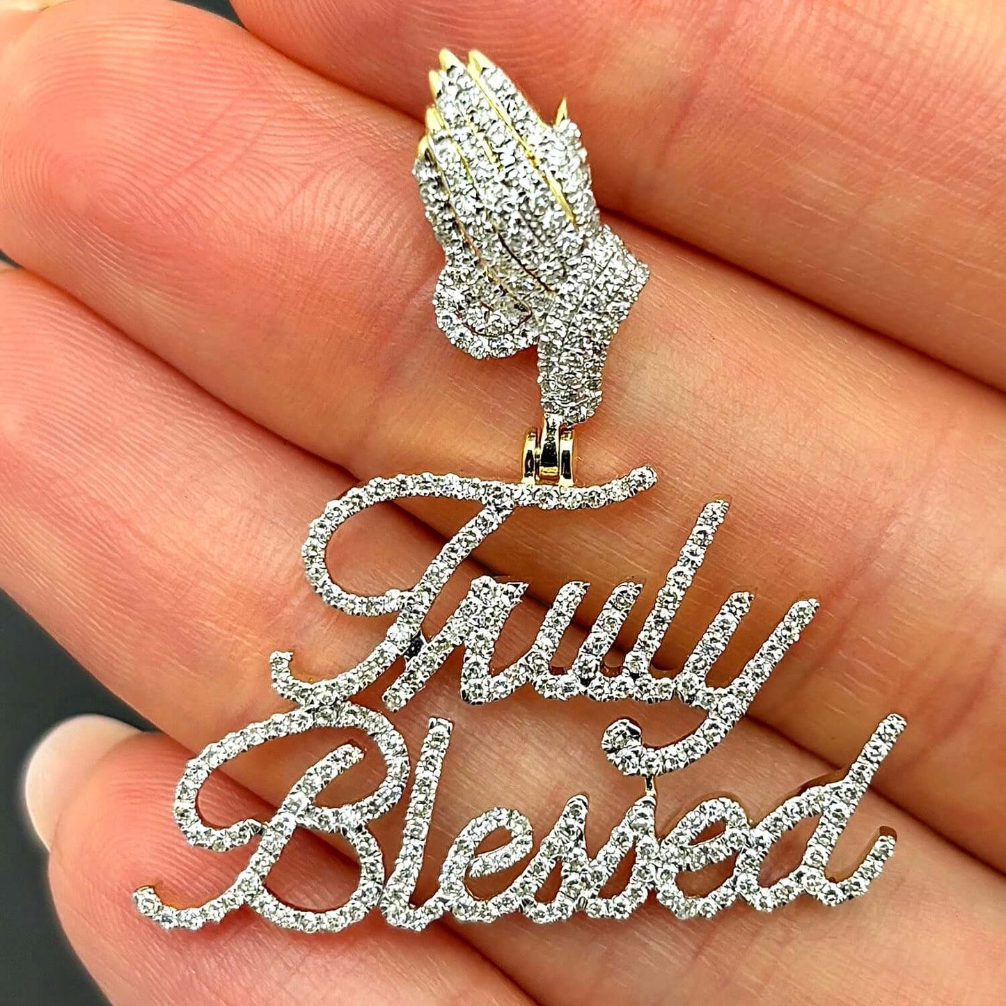 1CTW Real Diamond 10K Yellow Gold Praying Hands Truly Blessed Pendant 1.5"