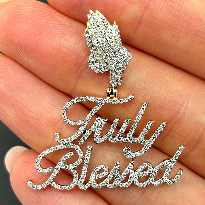 1CTW Natural Diamond 10K Yellow Gold Praying Hands Truly Blessed Pendant 1.5" - WJD Exclusives