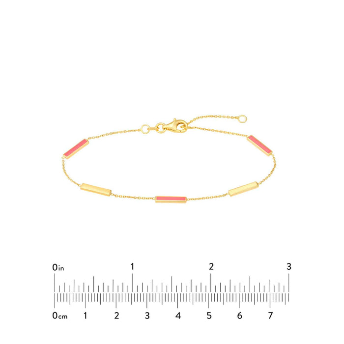 14K Gold Turquoise White Pink Enamel Bar Station Bracelet (Solid Links) 6.25" - 7.25" Adjustable - WJD Exclusives