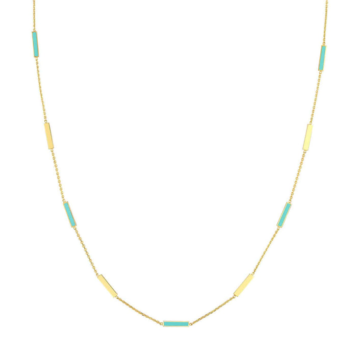 14K Yellow Gold Alternating Turquoise Enamel Bar Station Cable Necklace (Hollow) 18" - WJD Exclusives
