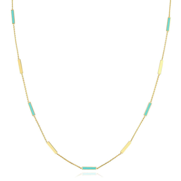 14K Yellow Gold Alternating Turquoise Enamel Bar Station Cable Necklace (Hollow) 18" - WJD Exclusives