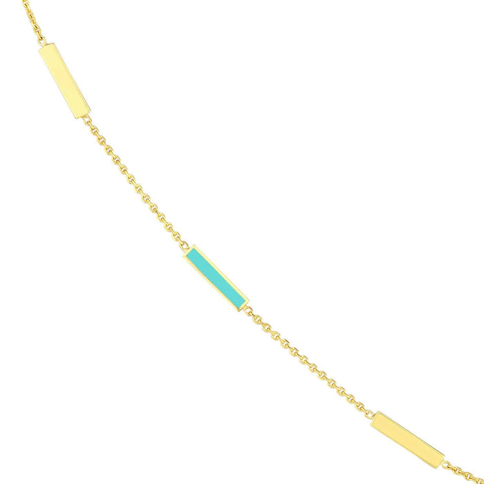 14K Yellow Gold Alternating Turquoise Enamel Bar Station Cable Necklace (Hollow) 18" - WJD Exclusives