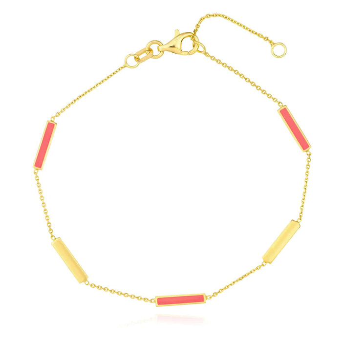 14K Gold Turquoise White Pink Enamel Bar Station Bracelet (Solid Links) 6.25" - 7.25" Adjustable - WJD Exclusives