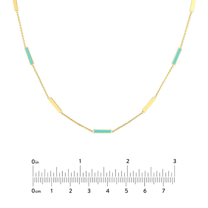 14K Yellow Gold Alternating Turquoise Enamel Bar Station Cable Necklace (Hollow) 18" - WJD Exclusives