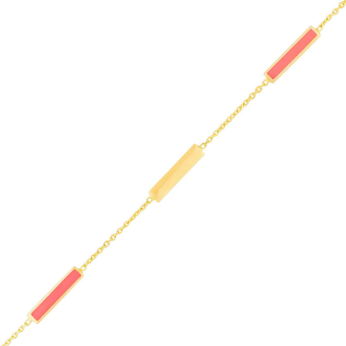 14K Gold Turquoise White Pink Enamel Bar Station Bracelet (Solid Links) 6.25" - 7.25" Adjustable - WJD Exclusives