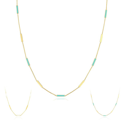 14K Yellow Gold Alternating Turquoise Enamel Bar Station Cable Necklace (Hollow) 18" - WJD Exclusives