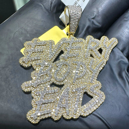 2CTW Real Diamond 10K Yellow Gold Everybody Eats Pendant 1.6"