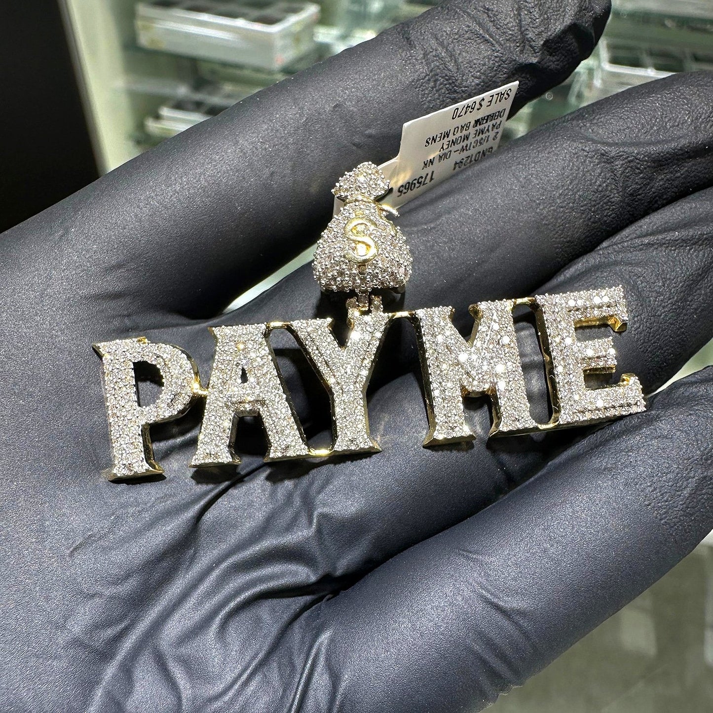 2.20CTW Real Diamond 10K Yellow Gold Money Dollar Bag PAY ME Pendant 1.2"