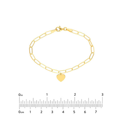 Engravable 14K Gold Yellow Paperclip Personalized Heart Charm Bracelet 7.5"