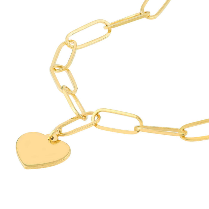 Engravable 14K Yellow Gold Paperclip Personalized Heart Charm Bracelet (Hollow) 7.5" - WJD Exclusives