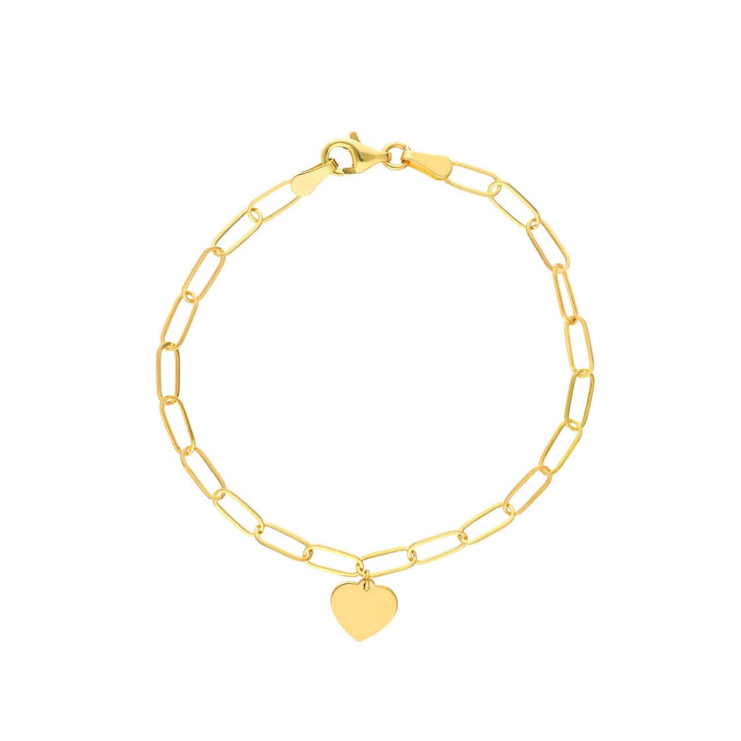Engravable 14K Gold Yellow Paperclip Personalized Heart Charm Bracelet 7.5"
