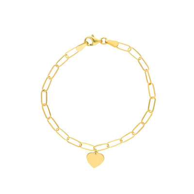 Engravable 14K Yellow Gold Paperclip Personalized Heart Charm Bracelet (Hollow) 7.5" - WJD Exclusives