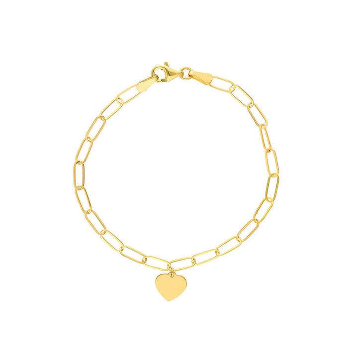 Engravable 14K Yellow Gold Paperclip Personalized Heart Charm Bracelet (Hollow) 7.5" - WJD Exclusives
