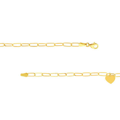 Engravable 14K Gold Yellow Paperclip Personalized Heart Charm Bracelet 7.5"