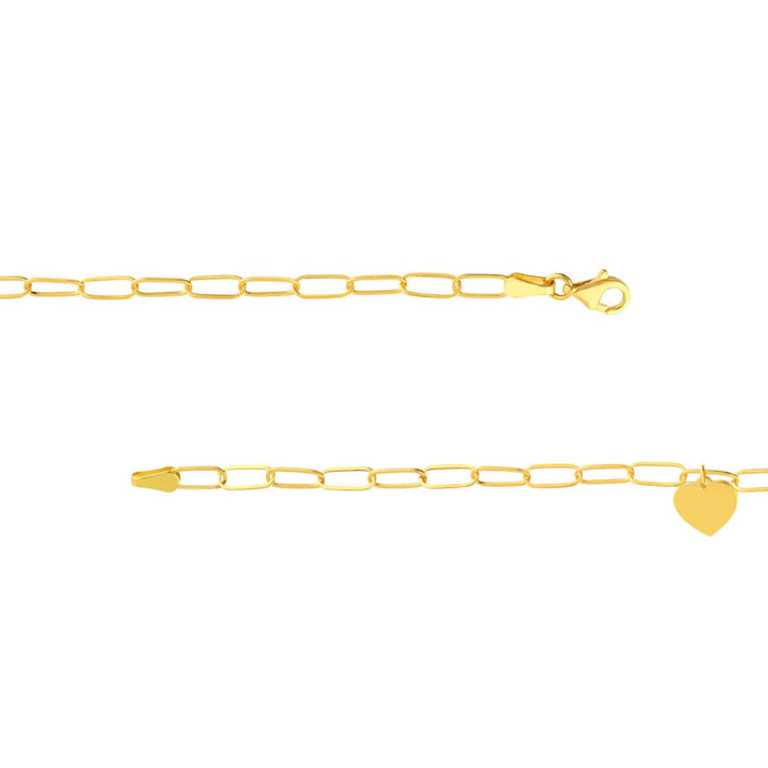 Engravable 14K Yellow Gold Paperclip Personalized Heart Charm Bracelet (Hollow) 7.5" - WJD Exclusives