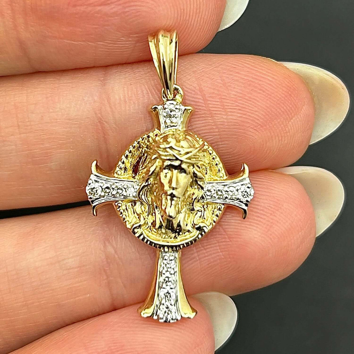 0.16CTW Natural Diamond 10K Yellow Gold Jesus Face Cross Pendant 1.4" - WJD Exclusives