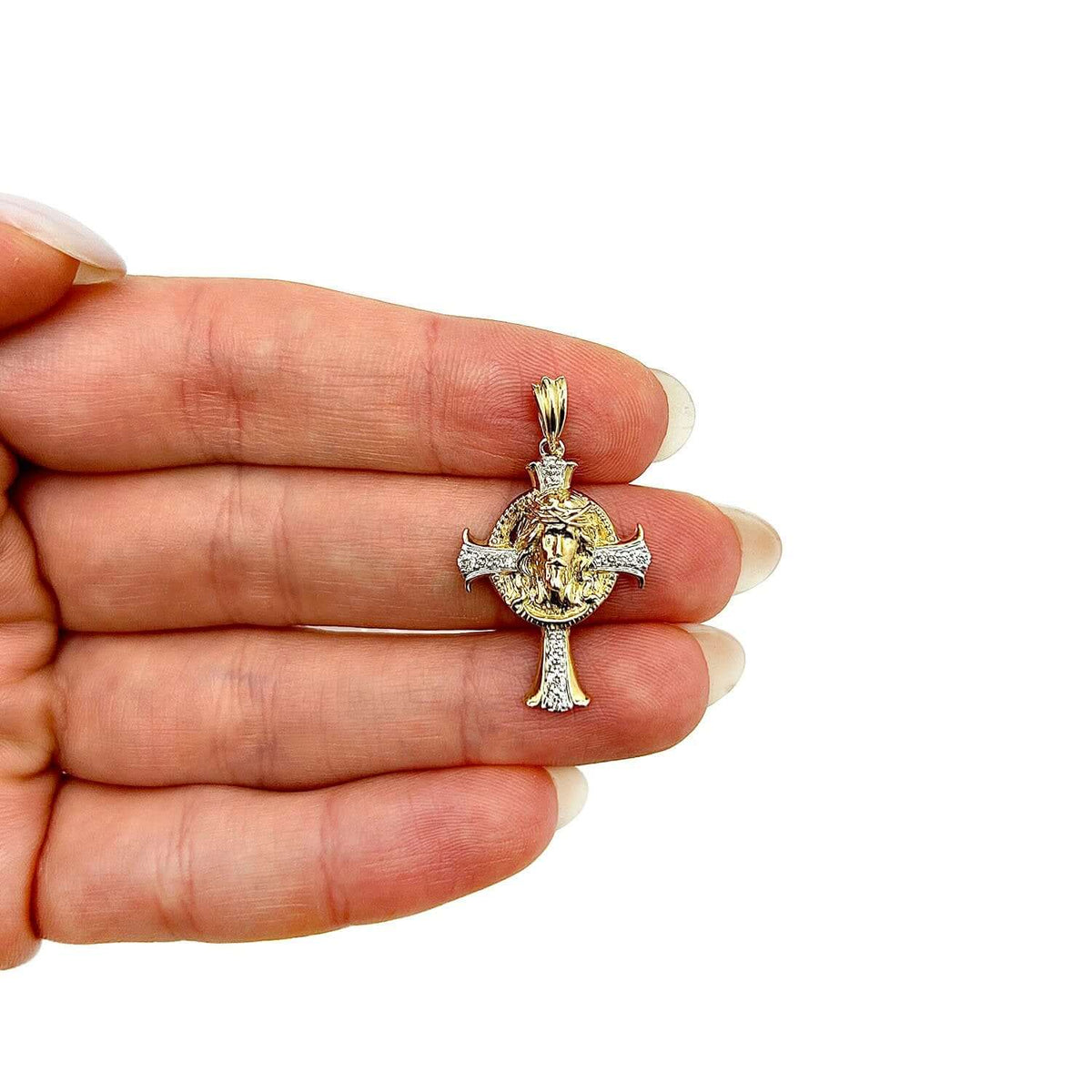 0.16CTW Natural Diamond 10K Yellow Gold Jesus Face Cross Pendant 1.4" - WJD Exclusives
