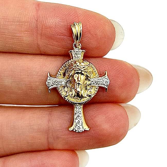 0.16CTW Natural Diamond 10K Yellow Gold Jesus Face Cross Pendant 1.4" - WJD Exclusives