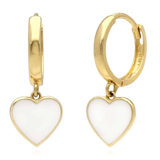 14K Gold White Enamel  Heart Huggie Hoop Earrings 22mm