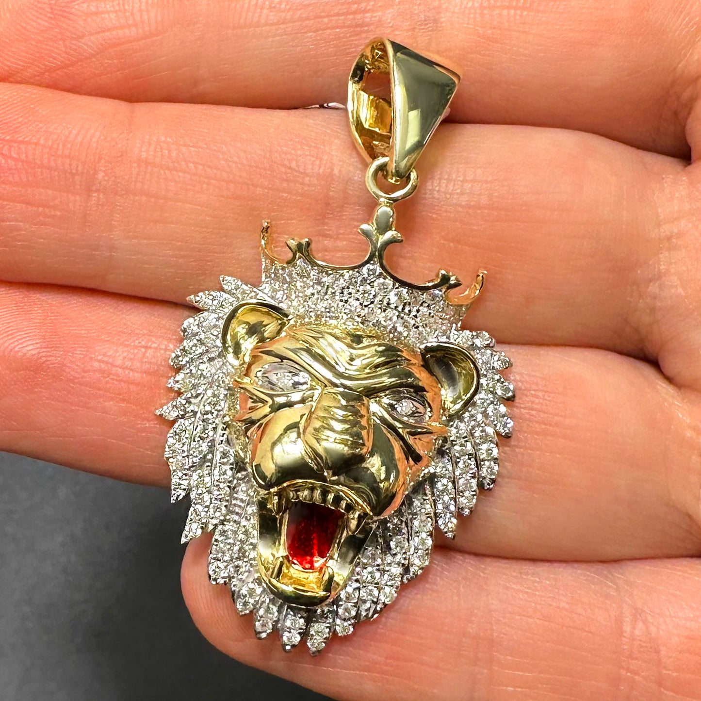 1.15CTW Natural Diamond 10K Yellow Gold Lion Face Red Mouth Head Pendant 1.9"