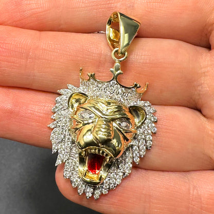 1.15CTW Natural Diamond 10K Yellow Gold Lion Face Red Mouth Head Pendant 1.9"
