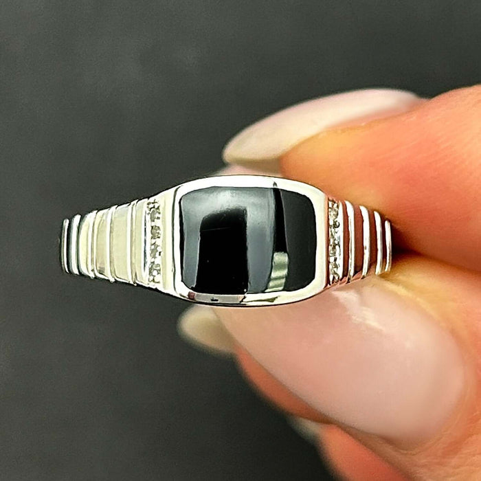 0.05CTW Natural Diamond 10K Gold White Rectangular Black Onyx Signet Ring - WJD Exclusives