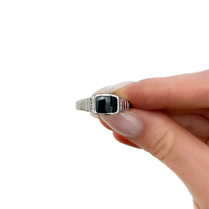 0.05CTW Natural Diamond 10K Gold White Rectangular Black Onyx Signet Ring - WJD Exclusives