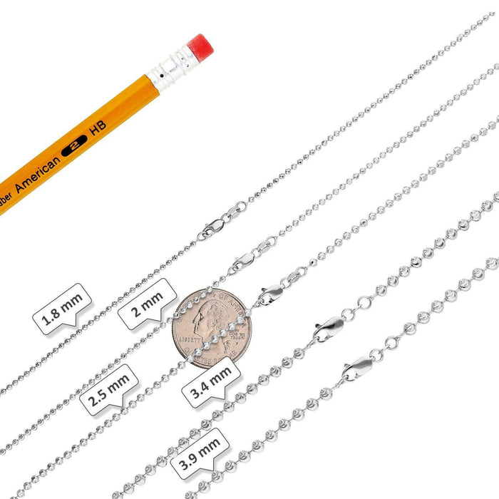 10K White Gold 1.8-3.9mm Moon-Cut Beaded Dog Tag Chain (Solid Links) 16"-30"