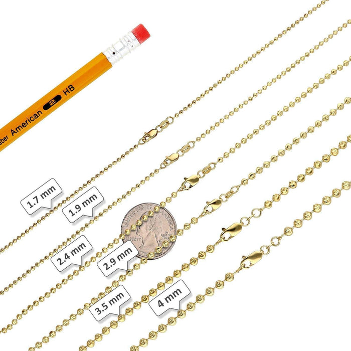 10K Yellow Gold 1.7-4mm Moon-Cut Beaded Dog Tag Chain (Solid Links) 16"-30"