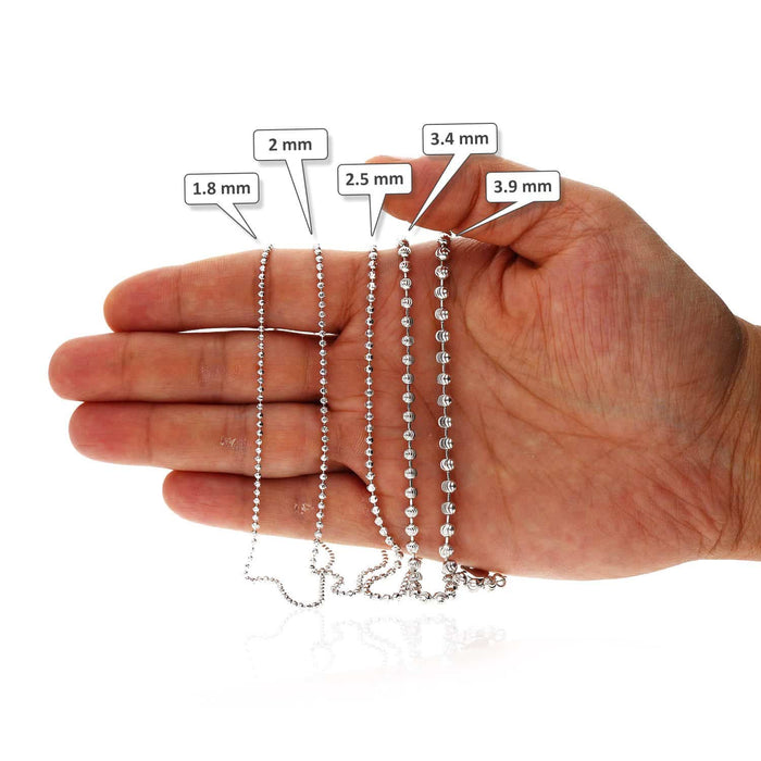 10K White Gold 1.8-3.9mm Moon-Cut Beaded Dog Tag Chain (Solid Links) 16"-30"